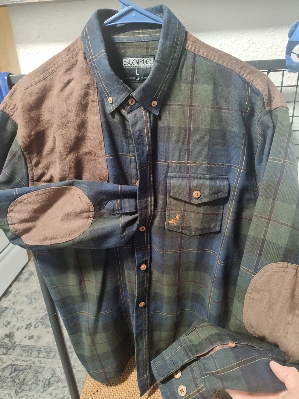 Staple Green & Navy Plaid Button-Down Shirt with Brown Suede Accents